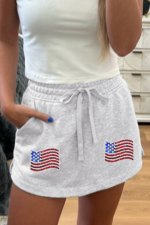 Lace Up High Waist Skort with American Flag Patch Detail